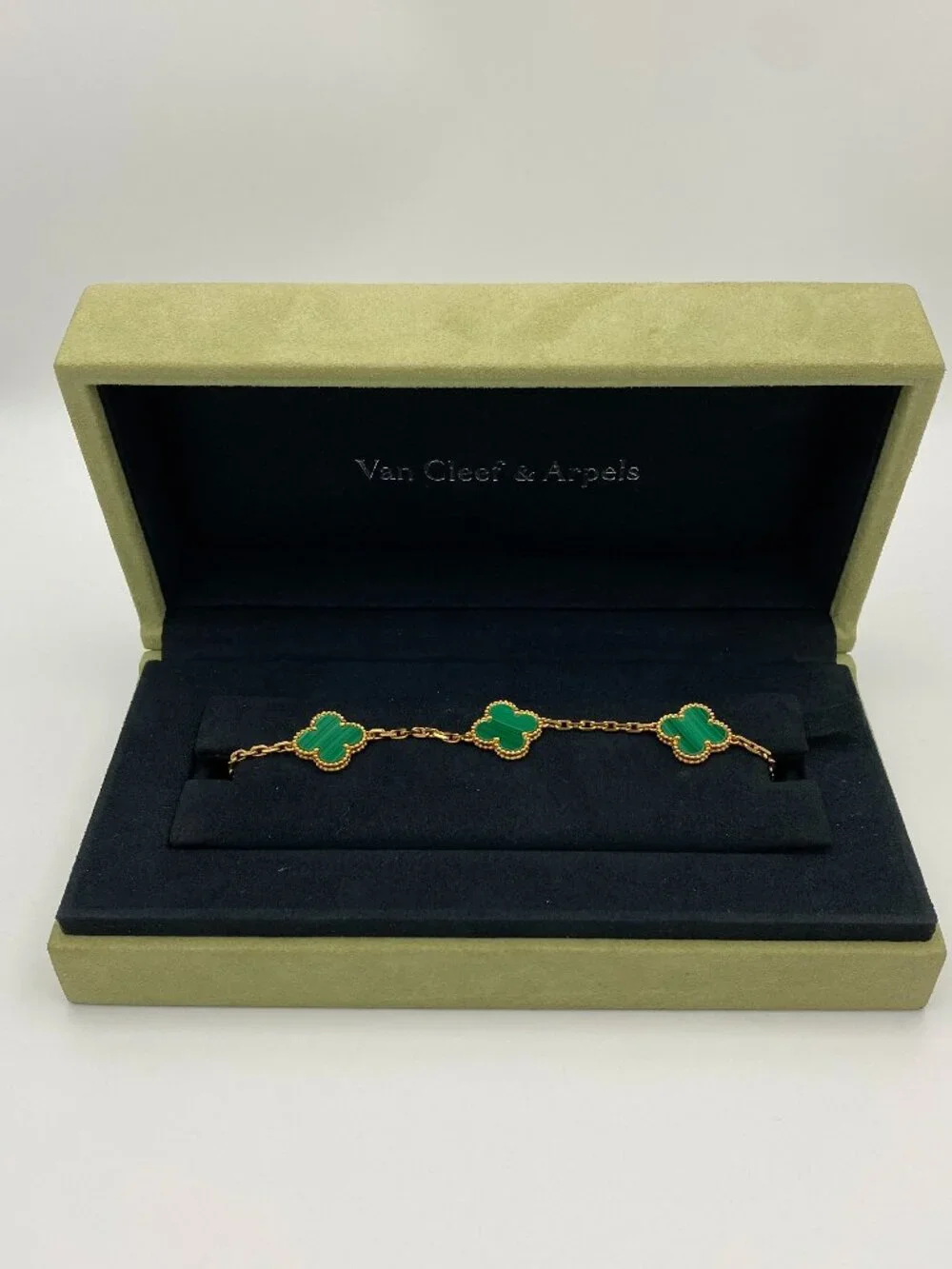 Authentic VCA Vintage Alhambra 5 Motif Malachite Gold Bracelet